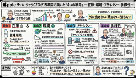 【KNNニュース】Apple ティム・クックCEO引退へ。15年で築いた『4つの革命』（在庫・環境・プライバシー・多様性）とは？