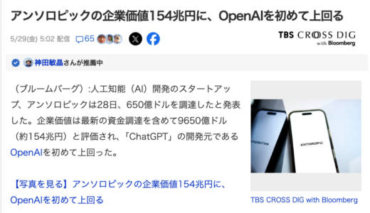 Anthropic 9,650億ドル（約154兆円）　VS　OpenAI 8,520億ドル(約136兆円)